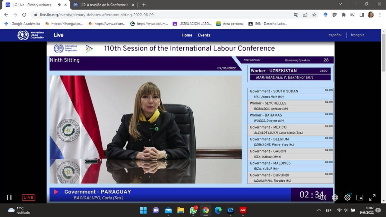 Ministra de Trabajo, Carla Bacigalupo, ha presentado un mensaje ante la 110° reunión de la Conferencia Internacional del Trabajo