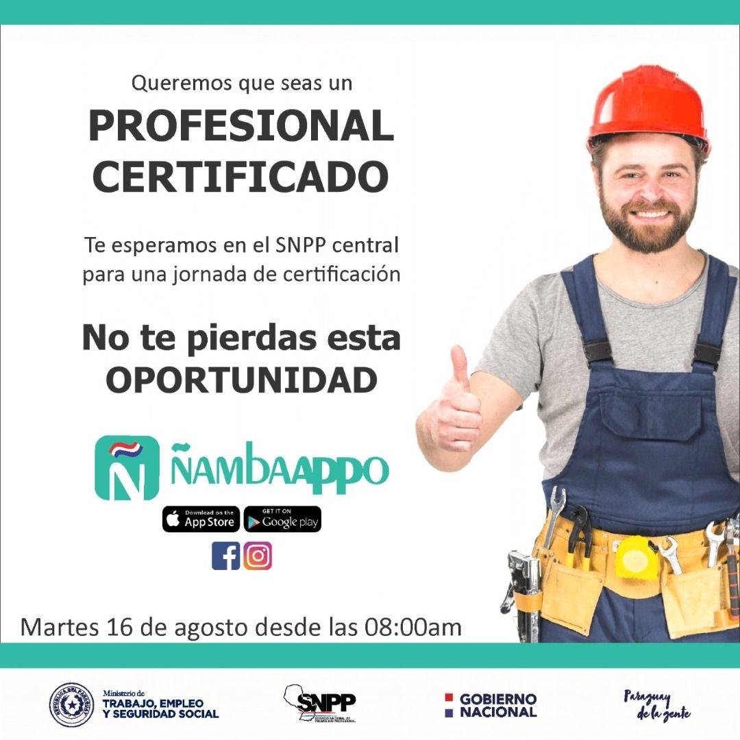 Ministerio de Trabajo realizará certificación ocupacional el próximo martes en el SNPP en coordinación con app Ñambaappo