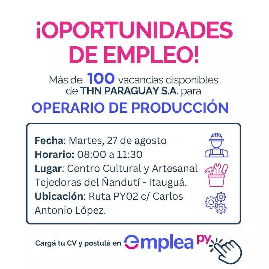 Convocan a buscadores de empleo para cubrir vacancias en Itauguá y Loma Plata